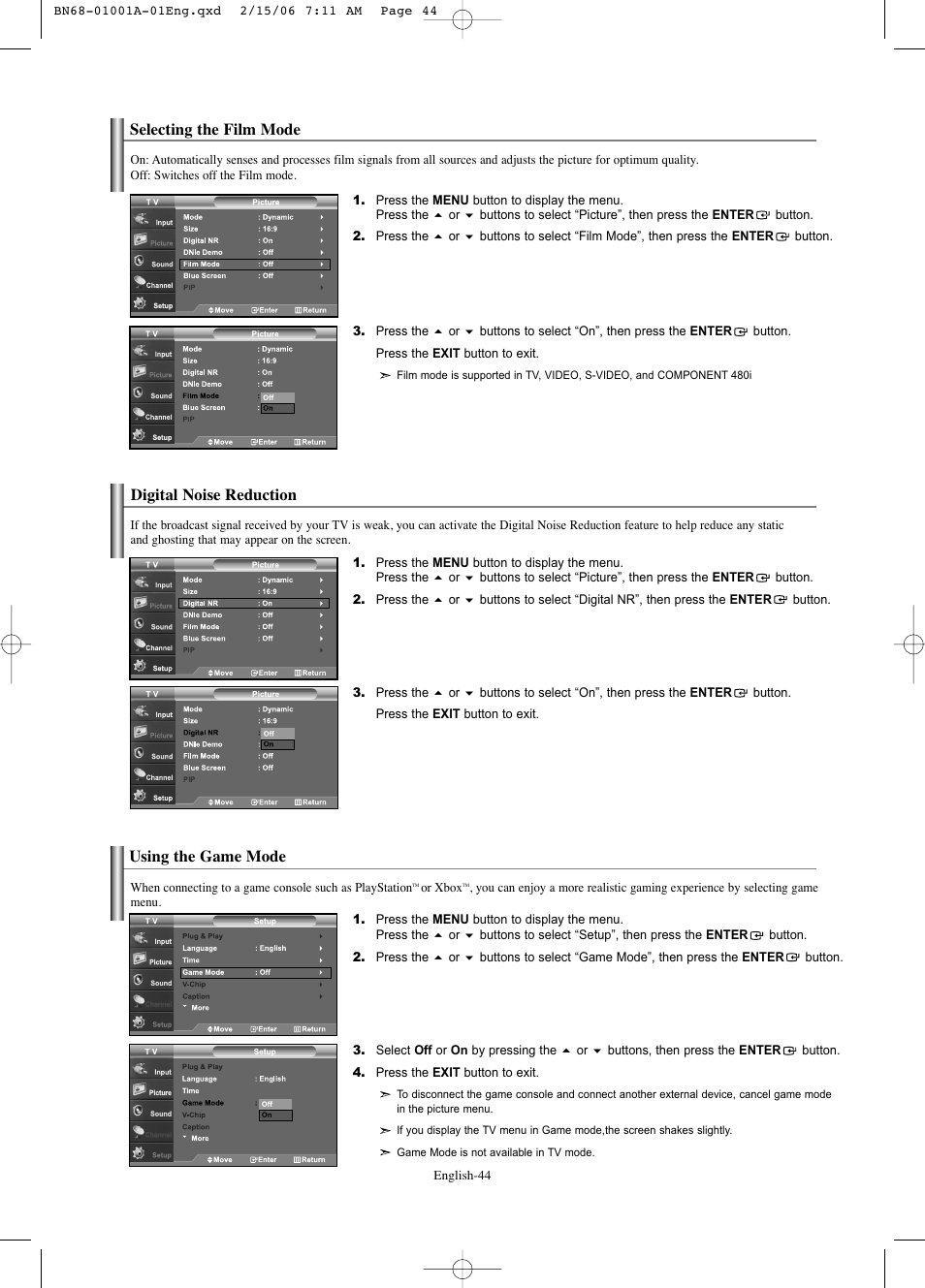 Selecting the film mode, Digital noise reduction, Using the game mode | Samsung LNS4041DX-XAP User Manual | Page 46 / 179