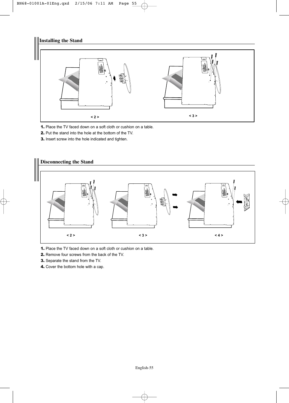 Installing the stand, Disconnecting the stand, Stand swivel function (ln-s3241d, ln-s4041d) | Samsung LNS4041DX-XAP User Manual | Page 57 / 179