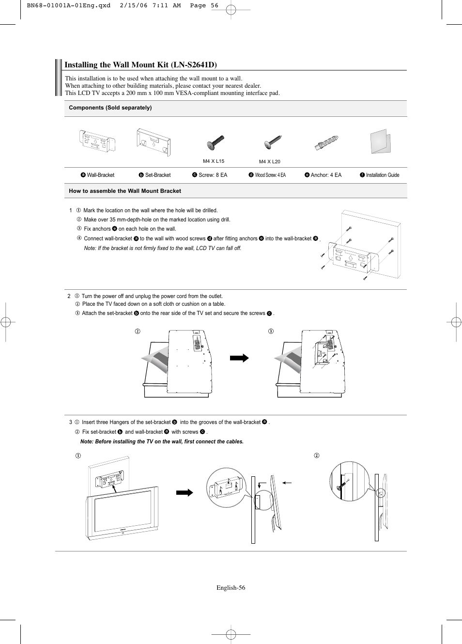Installing the wall mount kit (ln-s2641d) | Samsung LNS4041DX-XAP User Manual | Page 58 / 179