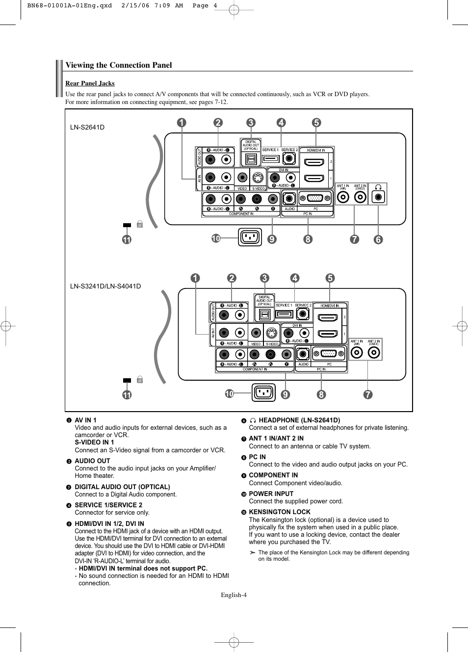 Viewing the connection panel | Samsung LNS4041DX-XAP User Manual | Page 6 / 179