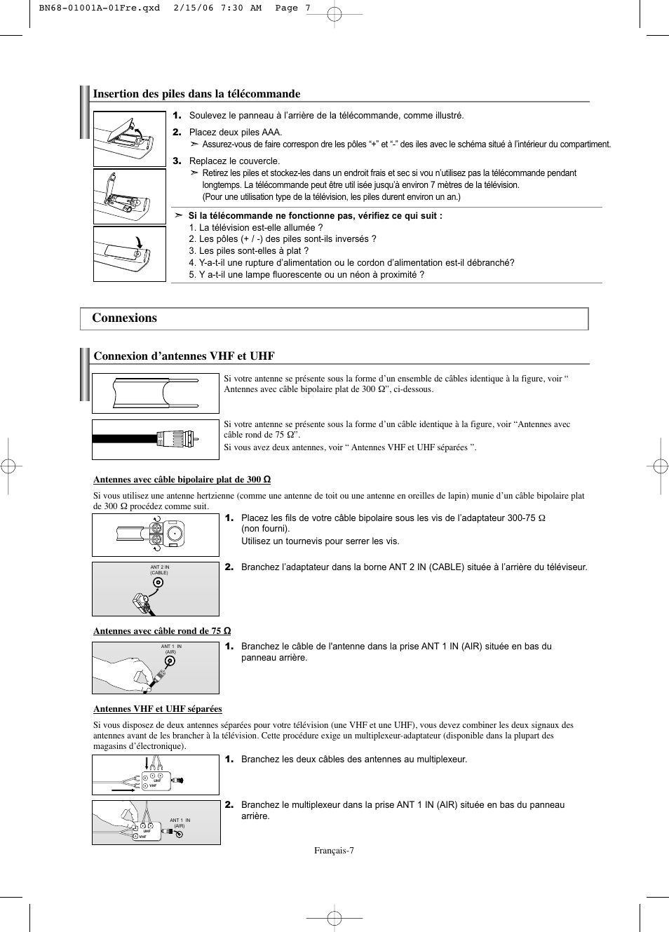 Connexions, Connexion d’antennes vhf et uhf, Insertion des piles dans la télécommande | Samsung LNS4041DX-XAP User Manual | Page 68 / 179