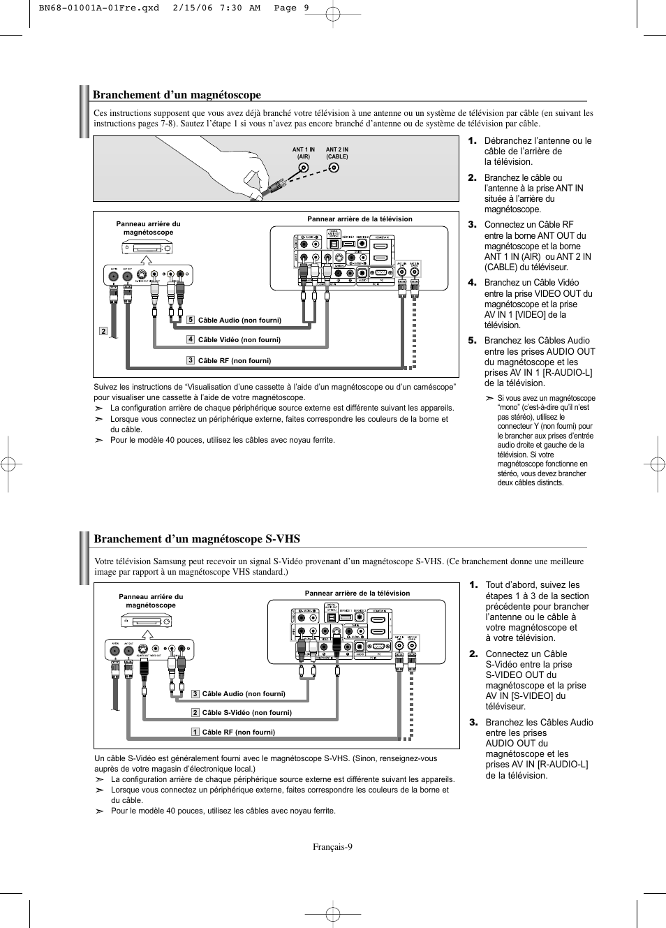 Branchement d’un magnétoscope, Branchement d’un magnétoscope s-vhs | Samsung LNS4041DX-XAP User Manual | Page 70 / 179