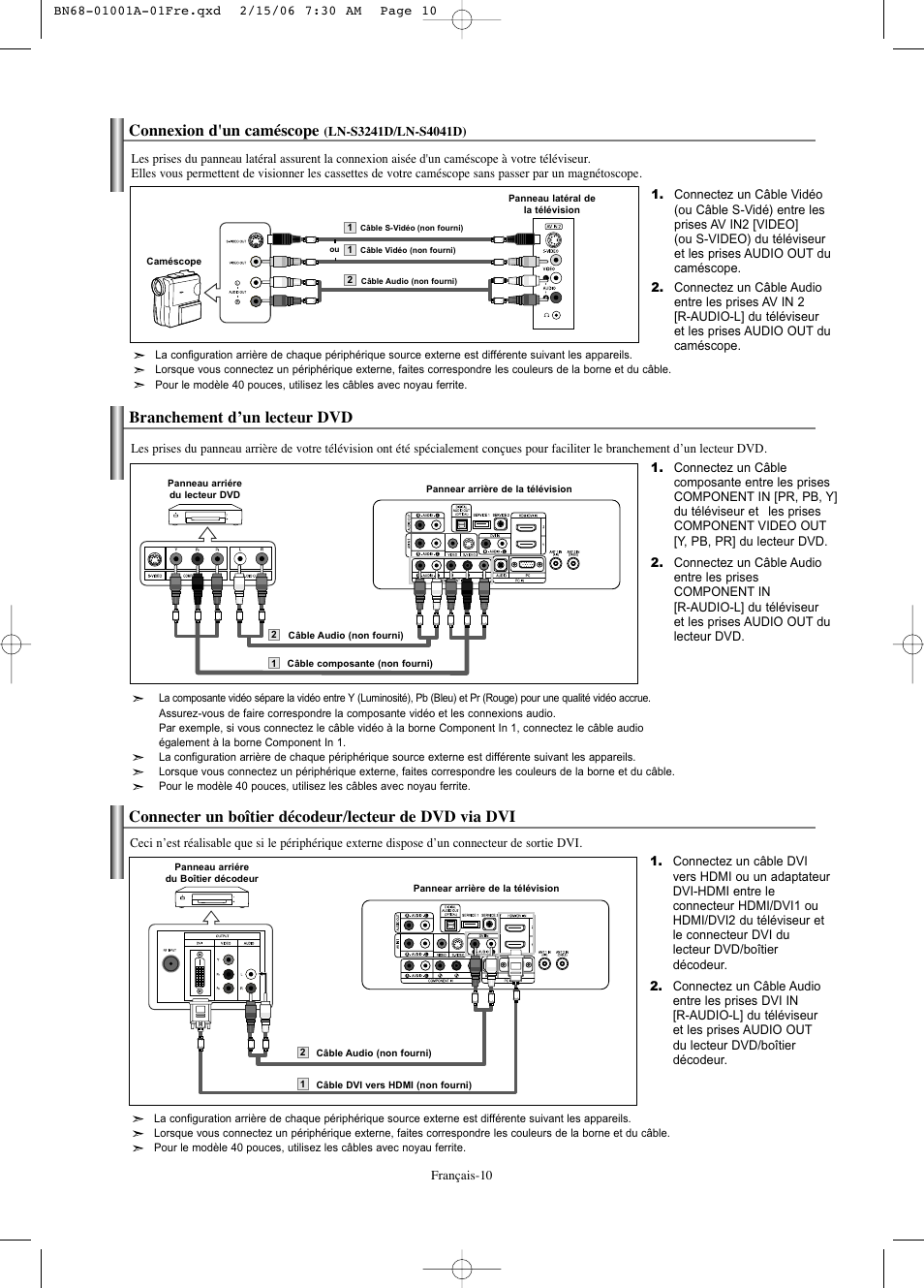 Connexion d'un caméscope, Branchement d’un lecteur dvd | Samsung LNS4041DX-XAP User Manual | Page 71 / 179