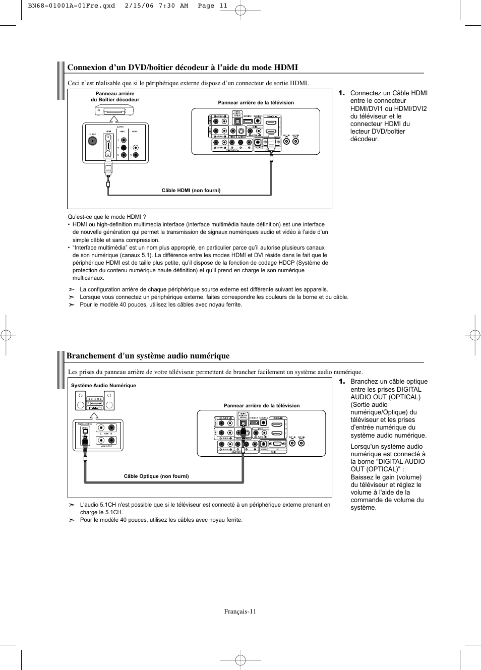Branchement d'un système audio numérique | Samsung LNS4041DX-XAP User Manual | Page 72 / 179