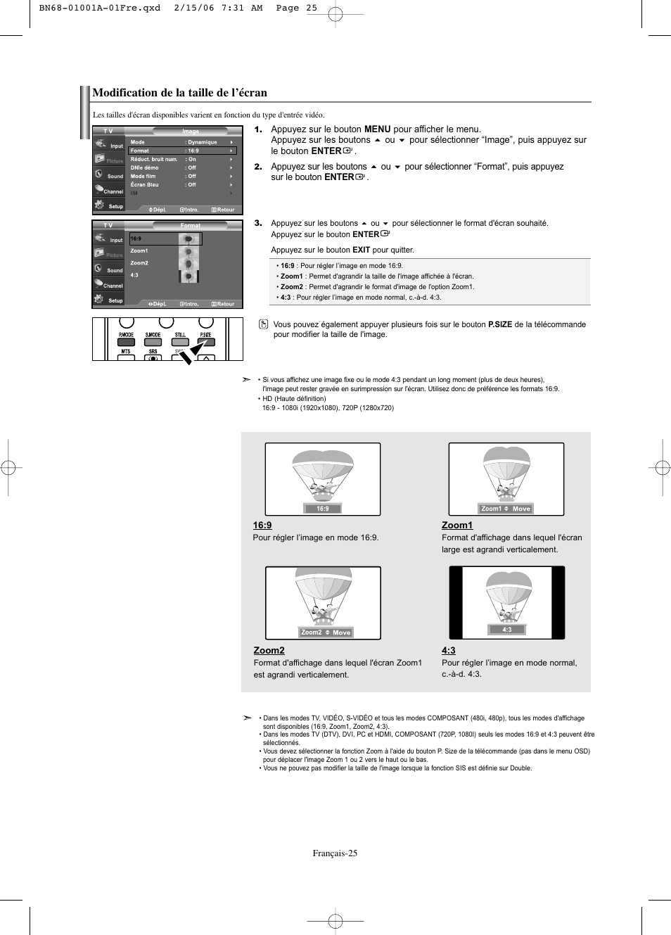 Modification de la taille de l’écran | Samsung LNS4041DX-XAP User Manual | Page 86 / 179