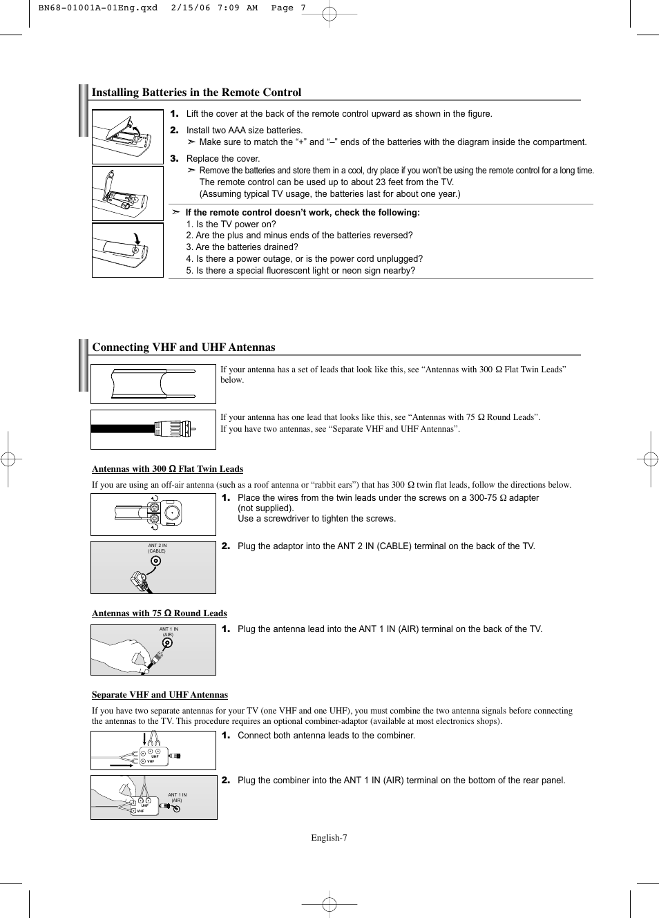 Installing batteries in the remote control, Connections, Connecting vhf and uhf antennas | Samsung LNS4041DX-XAP User Manual | Page 9 / 179