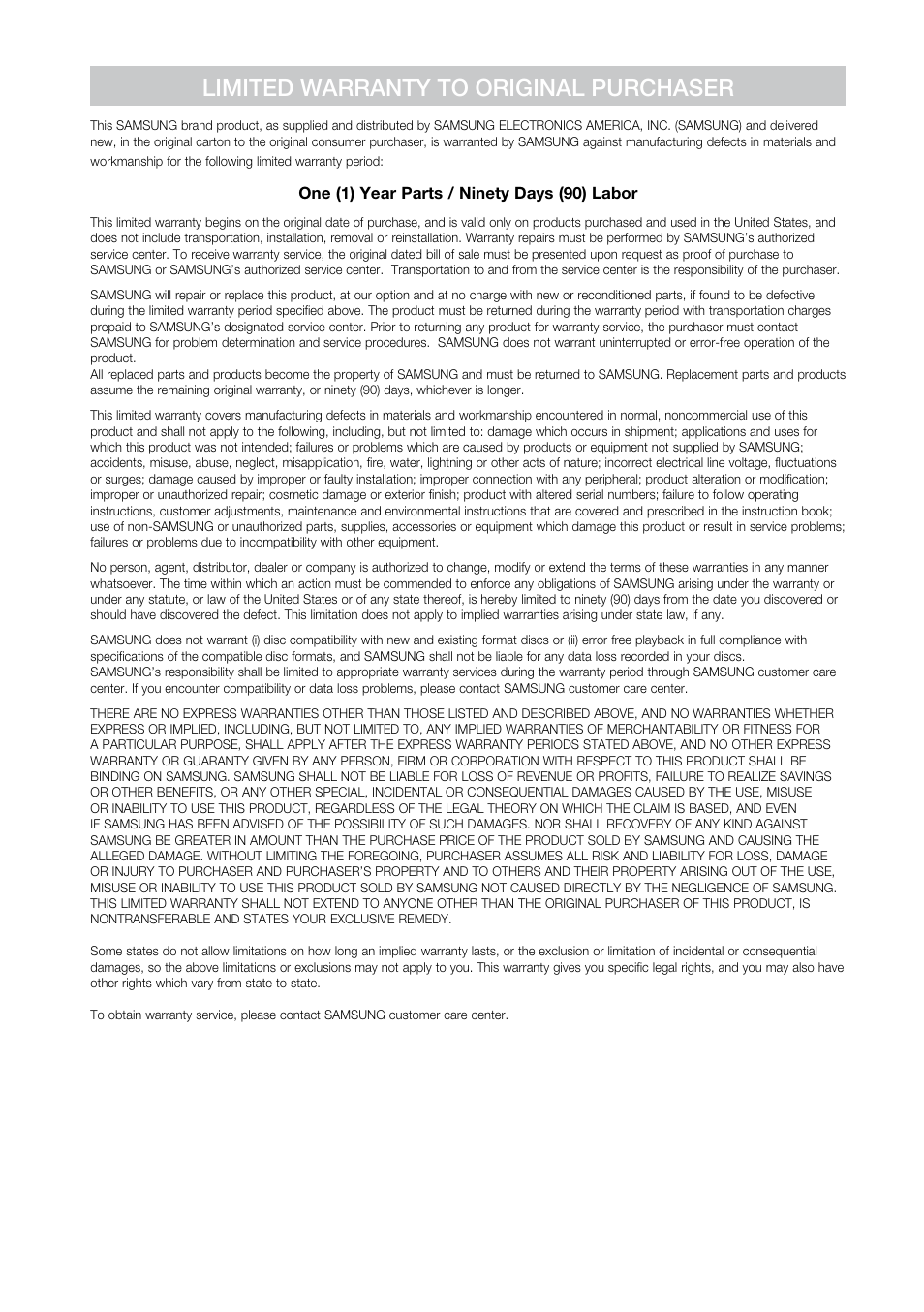 Limited warranty to original purchaser | Samsung BD-P4600-XAA User Manual | Page 101 / 103