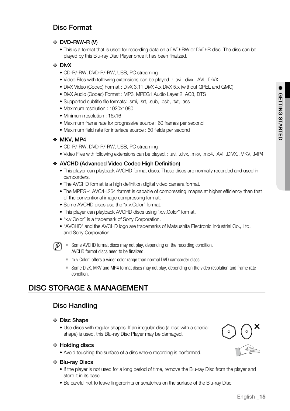 Disc storage & management, Disc format, Disc handling | Samsung BD-P4600-XAA User Manual | Page 15 / 103