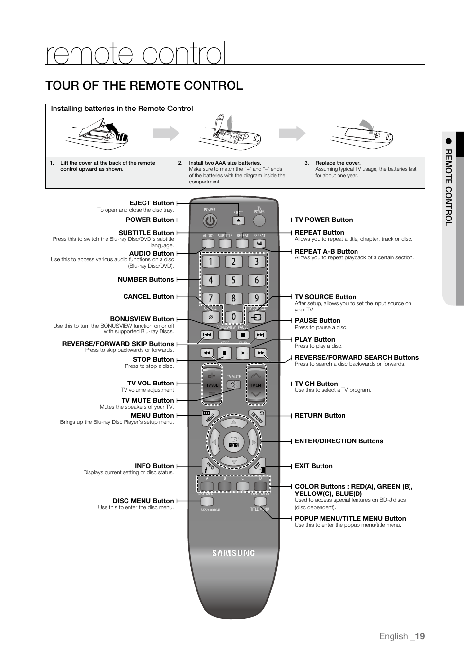 Remote control, Tour of the remote control, English _1 | Samsung BD-P4600-XAA User Manual | Page 19 / 103