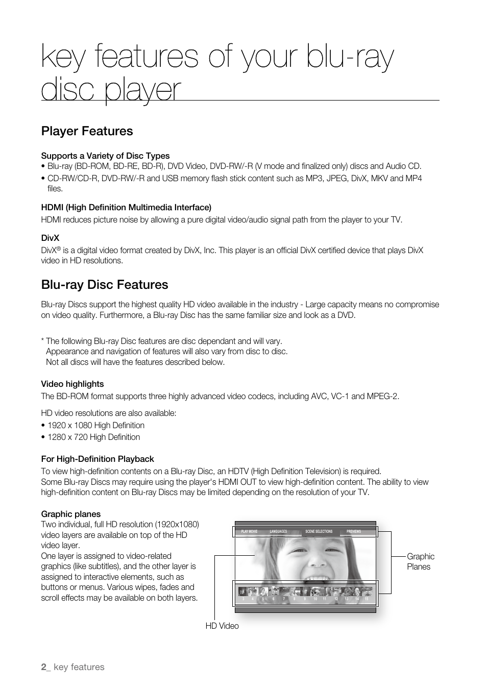 Key features of your blu-ray disc player, Player features, Blu-ray disc features | Samsung BD-P4600-XAA User Manual | Page 2 / 103
