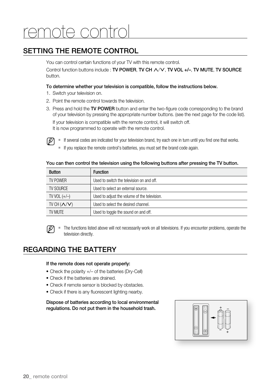 Setting the remote control, Regarding the battery, Remote control | Samsung BD-P4600-XAA User Manual | Page 20 / 103
