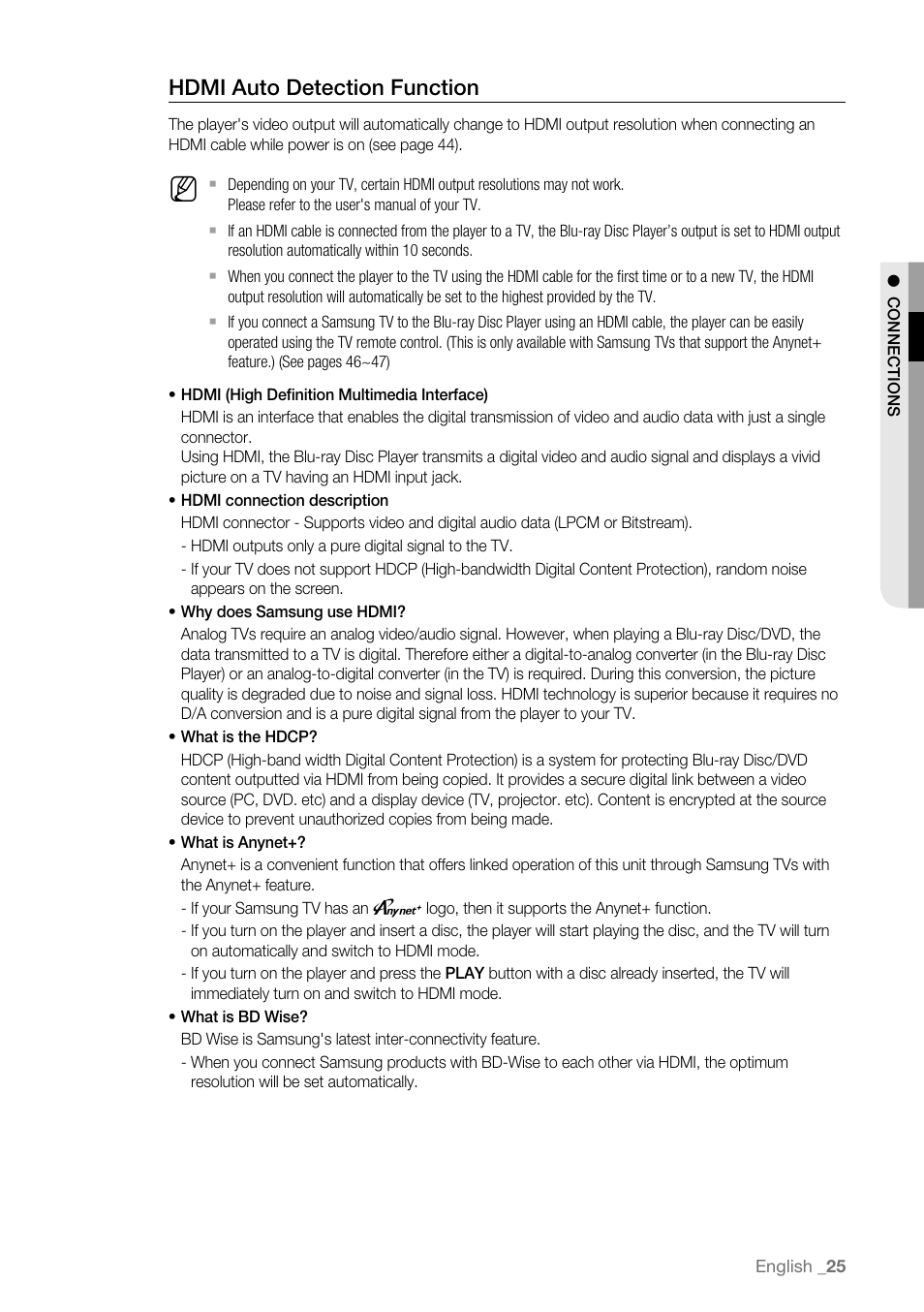 Hdmi auto detection function | Samsung BD-P4600-XAA User Manual | Page 25 / 103