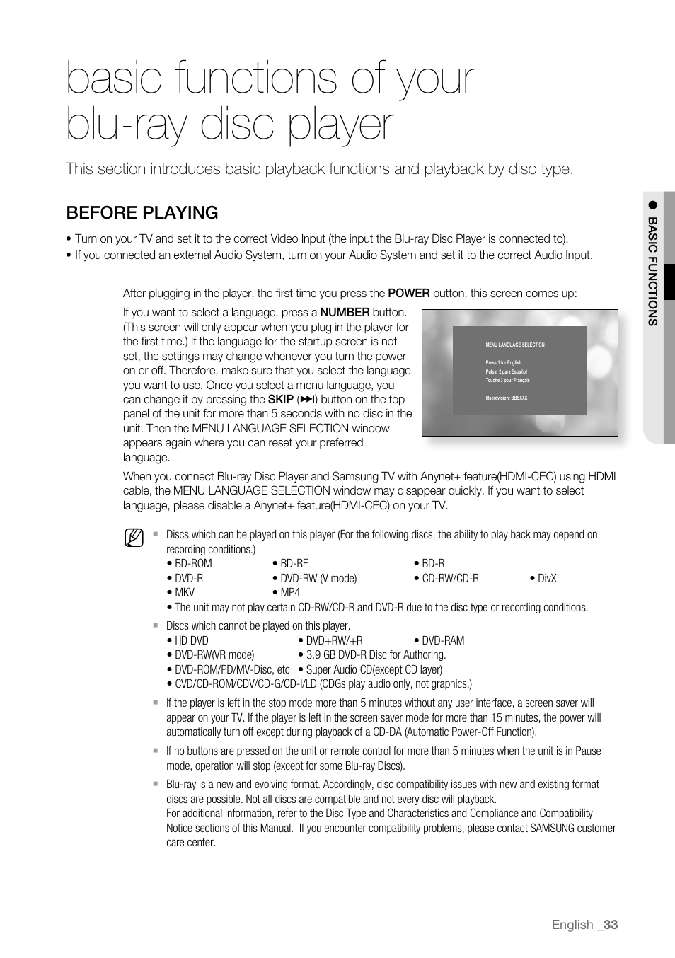 Basic functions of your blu-ray disc player, Before playing | Samsung BD-P4600-XAA User Manual | Page 33 / 103