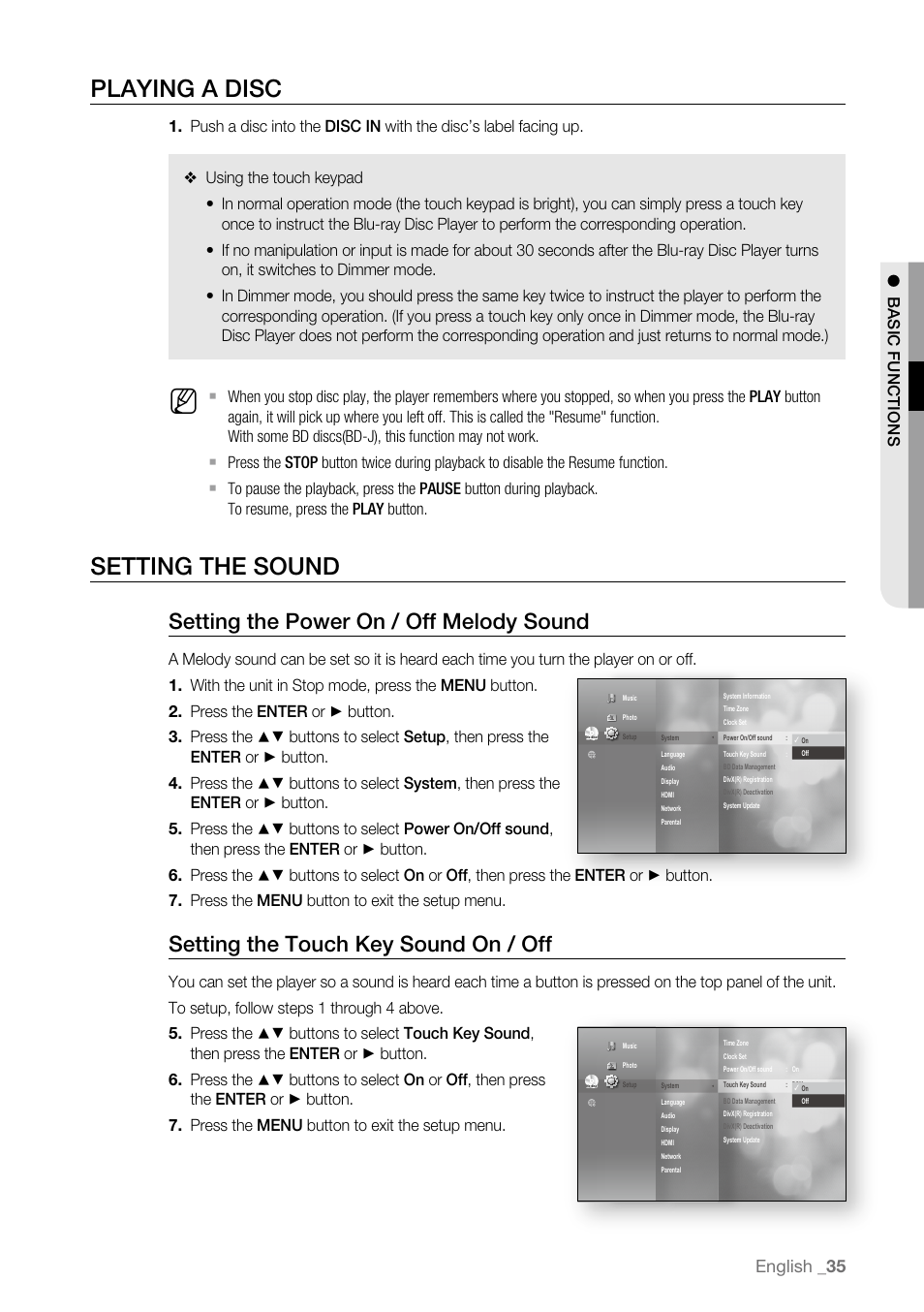 Playing a disc, Setting the sound, Setting the power on / off melody sound | Setting the touch key sound on / off, English | Samsung BD-P4600-XAA User Manual | Page 35 / 103