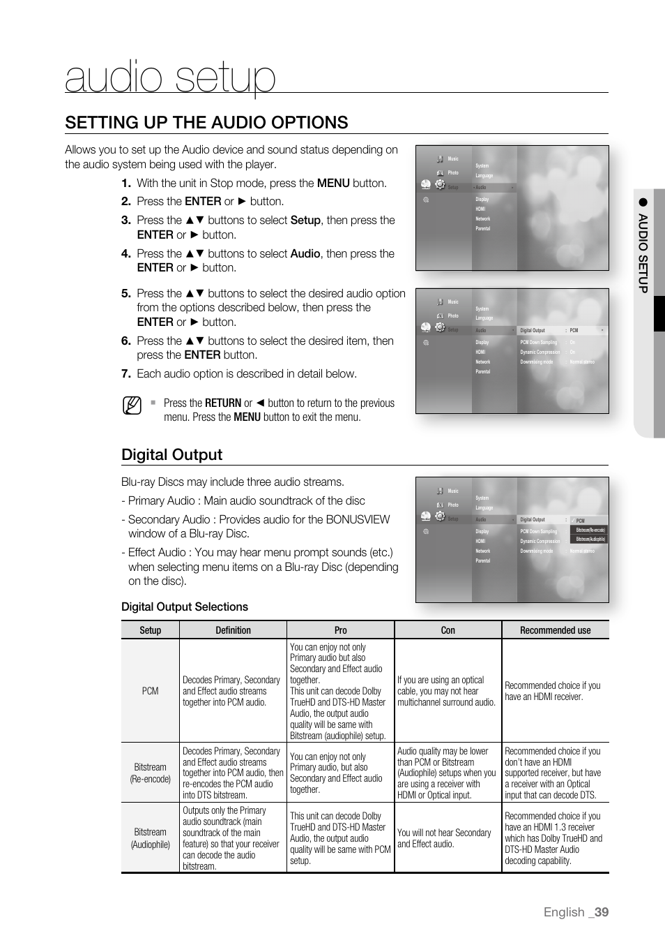 Audio setup, Setting up the audio options, Digital output | English | Samsung BD-P4600-XAA User Manual | Page 39 / 103