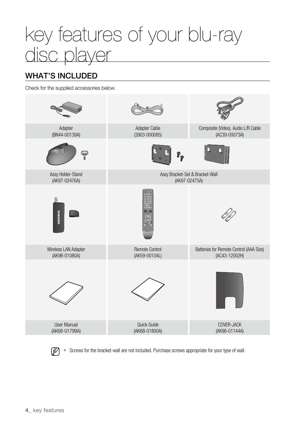 What’s included, Key features of your blu-ray disc player | Samsung BD-P4600-XAA User Manual | Page 4 / 103