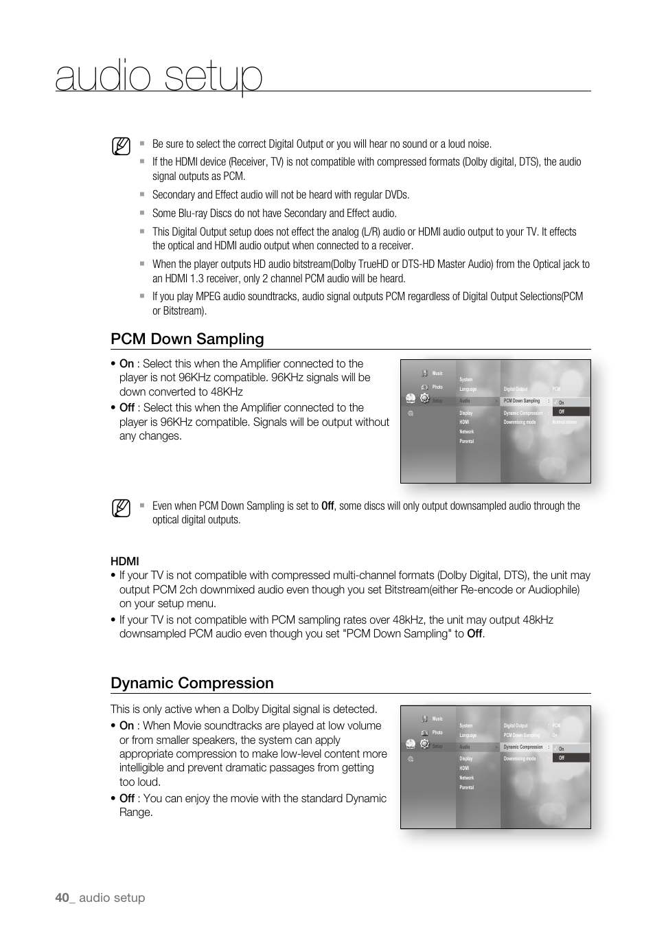 Audio setup, Pcm down sampling, Dynamic compression | 0_ audio setup | Samsung BD-P4600-XAA User Manual | Page 40 / 103