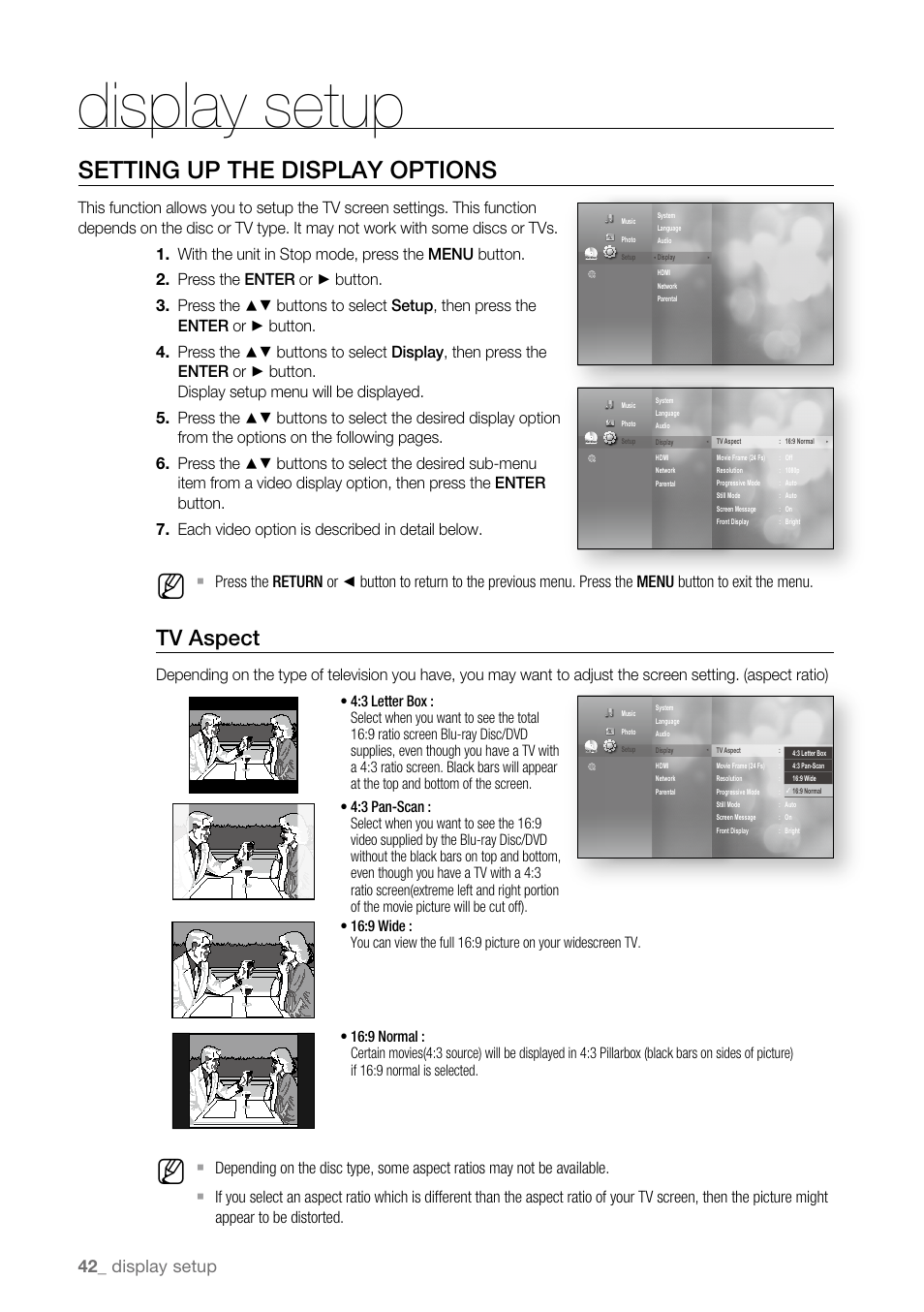 Display setup, Setting up the display options, Tv aspect | Samsung BD-P4600-XAA User Manual | Page 42 / 103