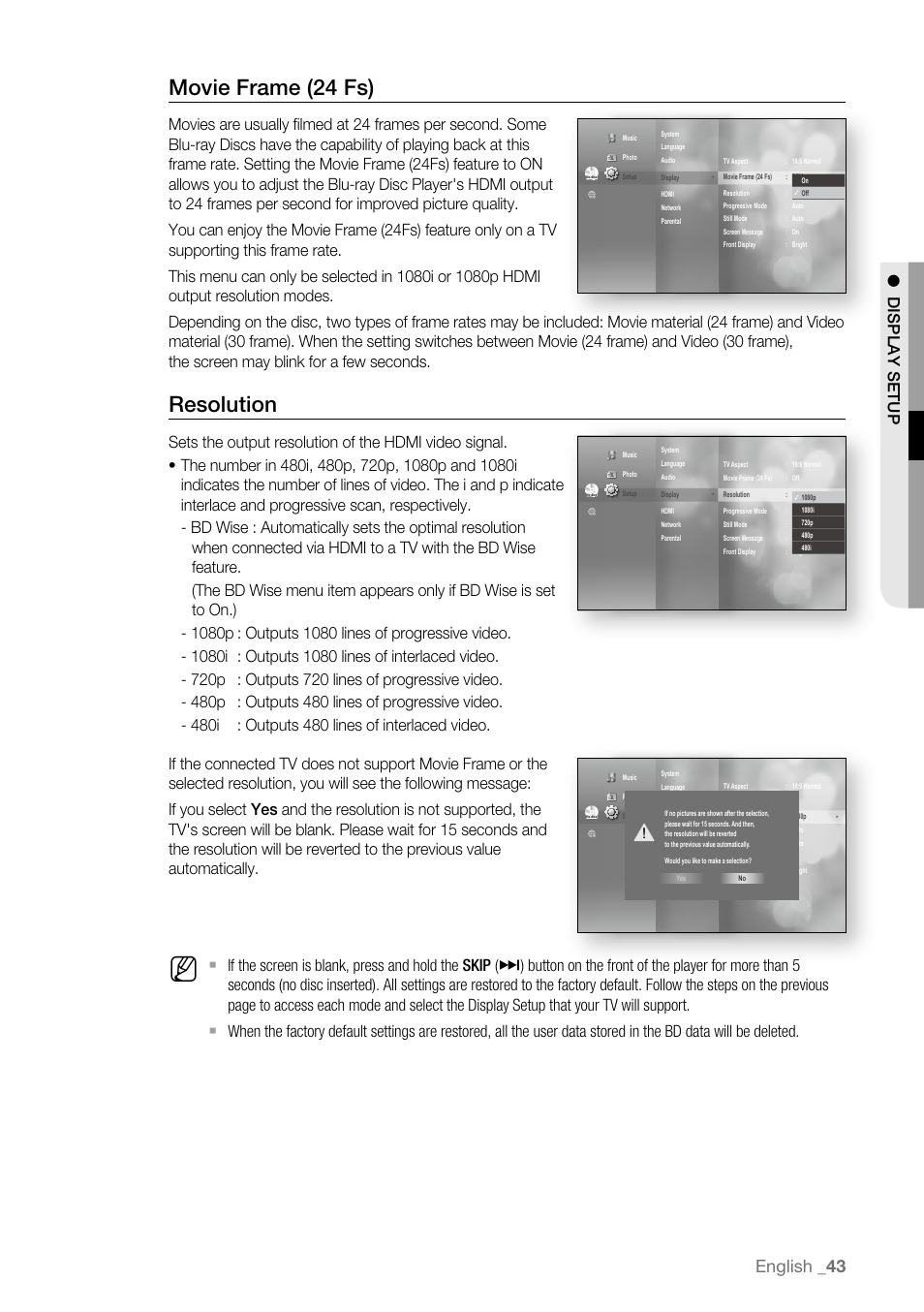 Movie frame (24 fs), Resolution, English | Samsung BD-P4600-XAA User Manual | Page 43 / 103