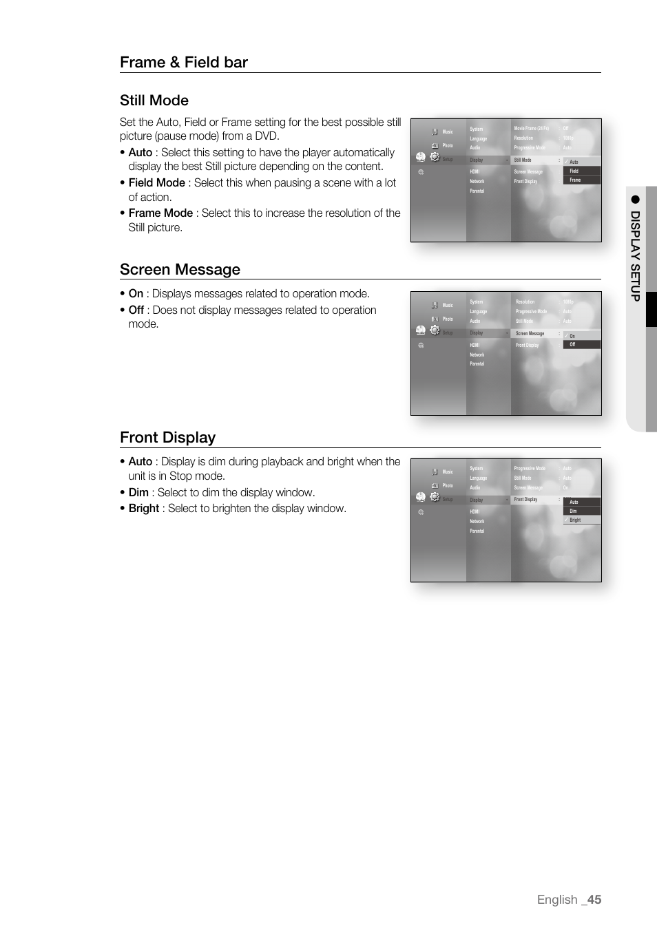 Frame & field bar, Screen message, Front display | Still mode, English | Samsung BD-P4600-XAA User Manual | Page 45 / 103