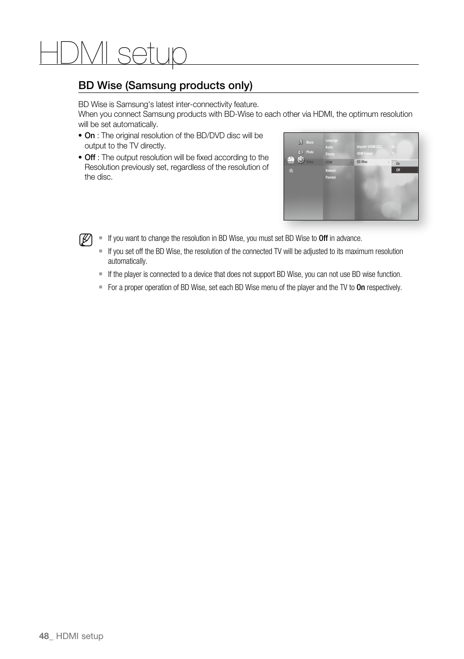Bd wise (samsung products only), Hdmi setup | Samsung BD-P4600-XAA User Manual | Page 48 / 103