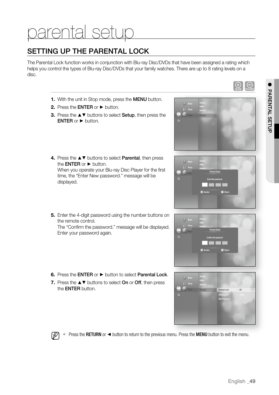 Parental setup, Setting up the parental lock, English | Samsung BD-P4600-XAA User Manual | Page 49 / 103