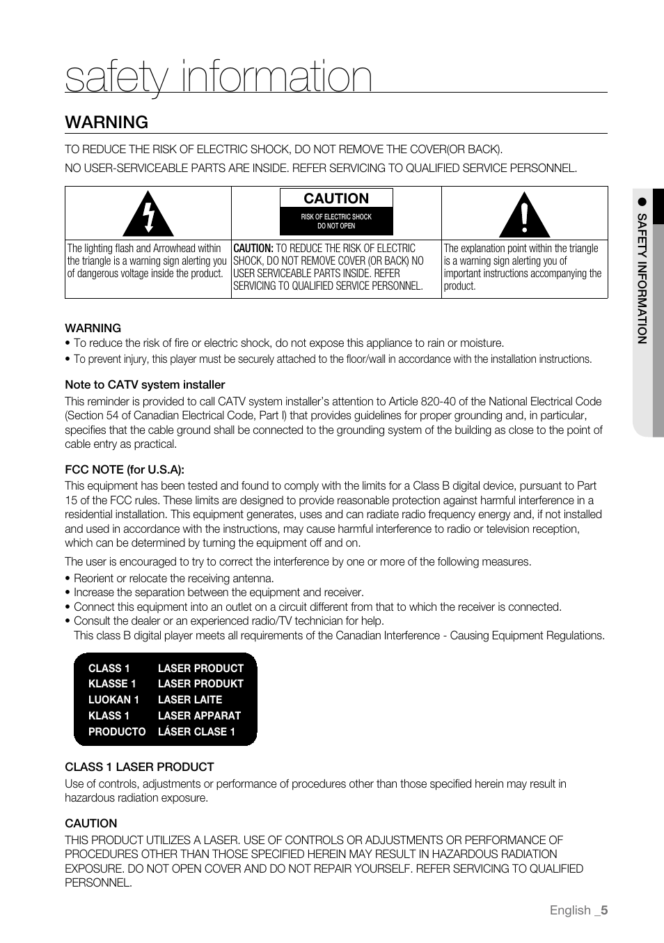 Safety information, Warning | Samsung BD-P4600-XAA User Manual | Page 5 / 103