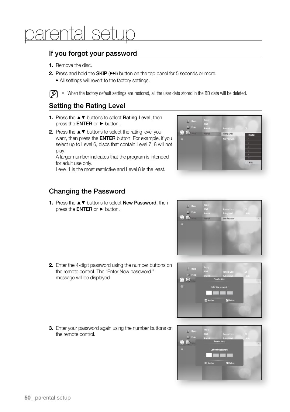 Parental setup, If you forgot your password, Setting the rating level | Changing the password, 0_ parental setup | Samsung BD-P4600-XAA User Manual | Page 50 / 103