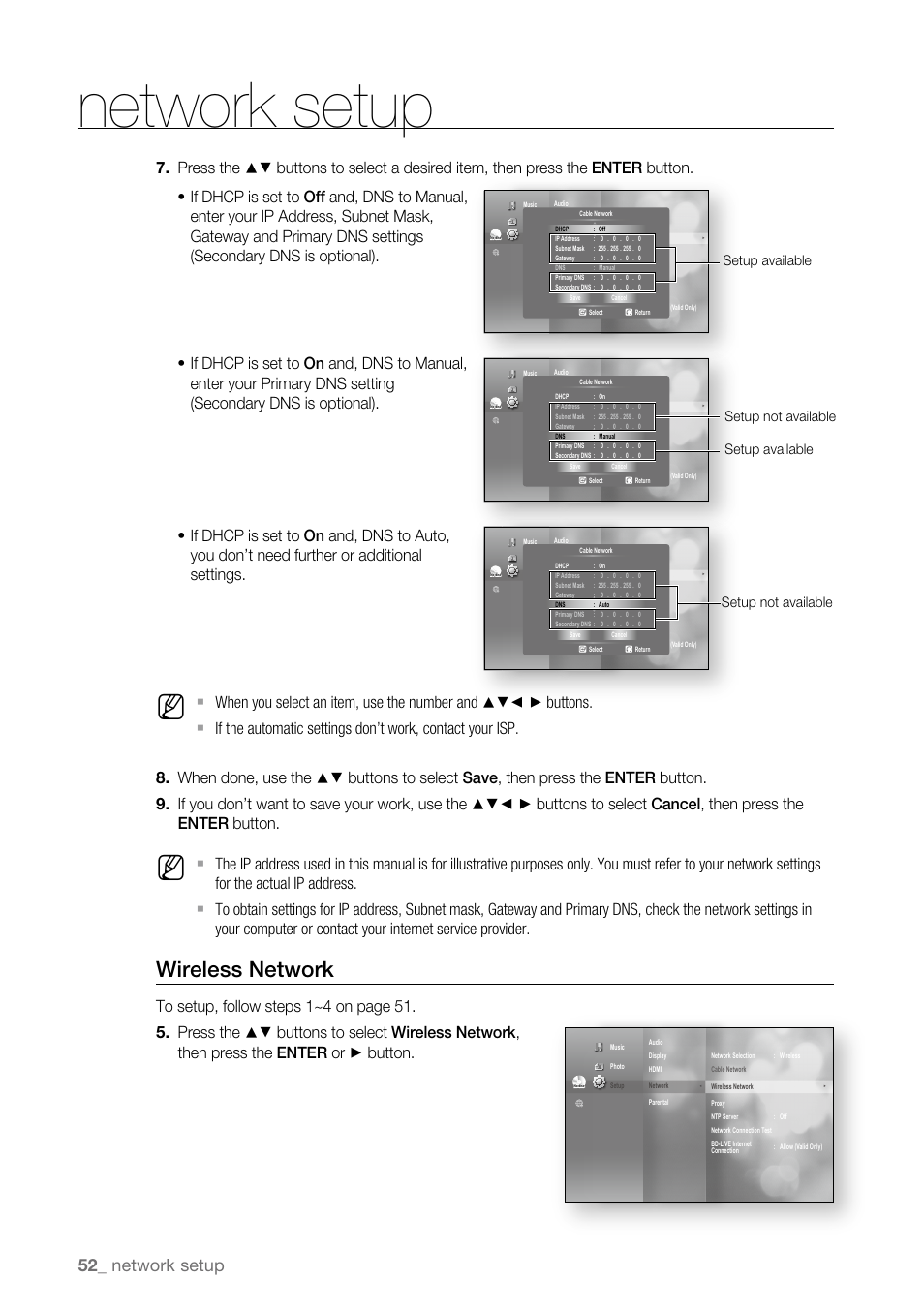 Wireless network, Network setup, Setup available | Setup not available setup available, Setup not available | Samsung BD-P4600-XAA User Manual | Page 52 / 103