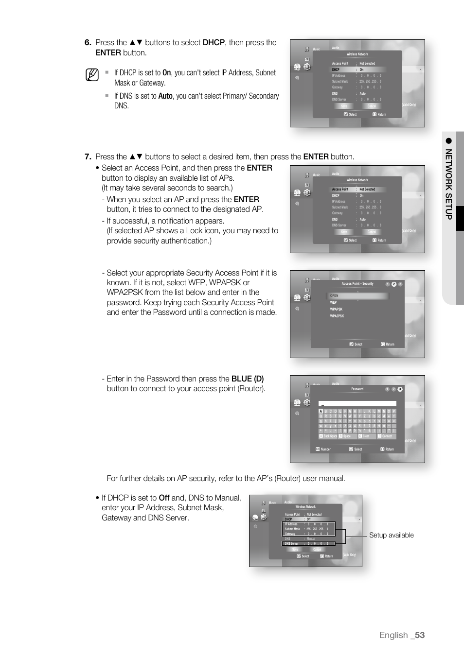 English, Setup available | Samsung BD-P4600-XAA User Manual | Page 53 / 103