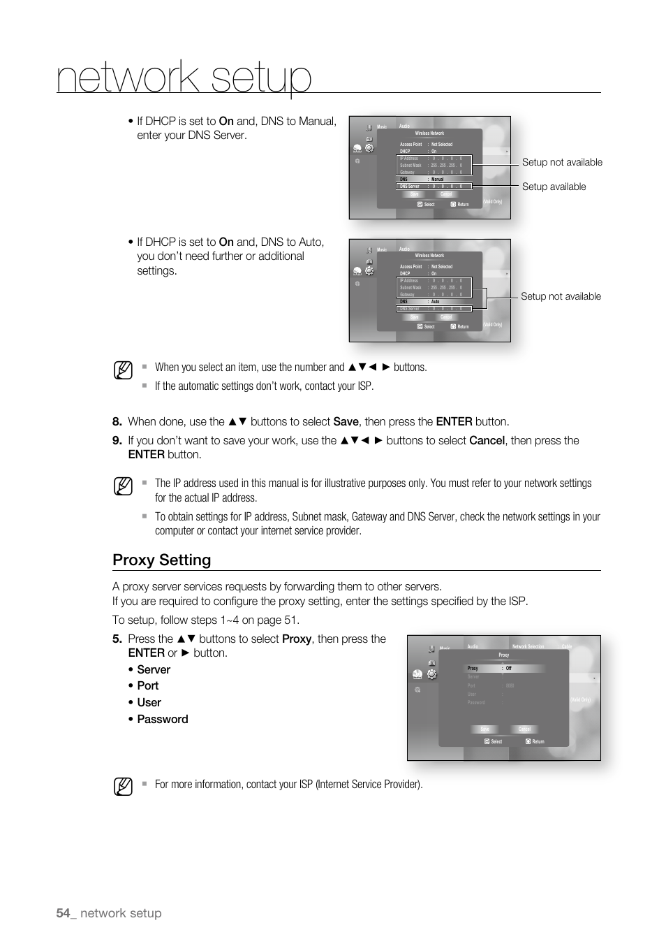 Proxy setting, Network setup, Setup not available setup available | Setup not available | Samsung BD-P4600-XAA User Manual | Page 54 / 103
