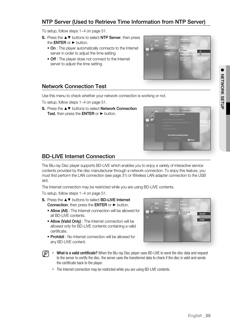 Network connection test, Bd-live internet connection, English | Samsung BD-P4600-XAA User Manual | Page 55 / 103