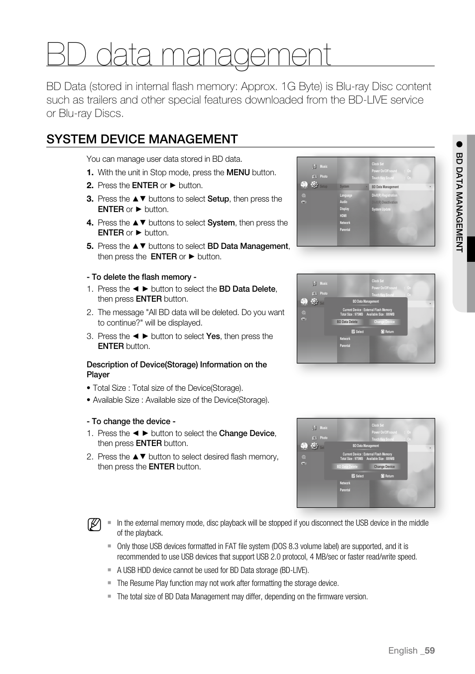 Bd data management, System device management, English | Samsung BD-P4600-XAA User Manual | Page 59 / 103