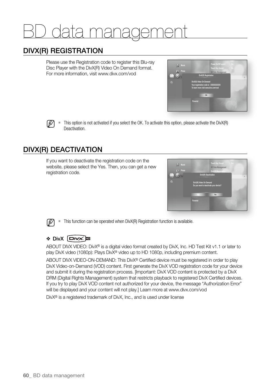 Divx(r) registration, Divx(r) deactivation, Bd data management | 0_ bd data management, Divx, About divx video: divx | Samsung BD-P4600-XAA User Manual | Page 60 / 103