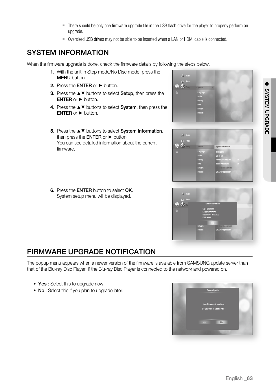 System information, Firmware upgrade notification, English | Samsung BD-P4600-XAA User Manual | Page 63 / 103