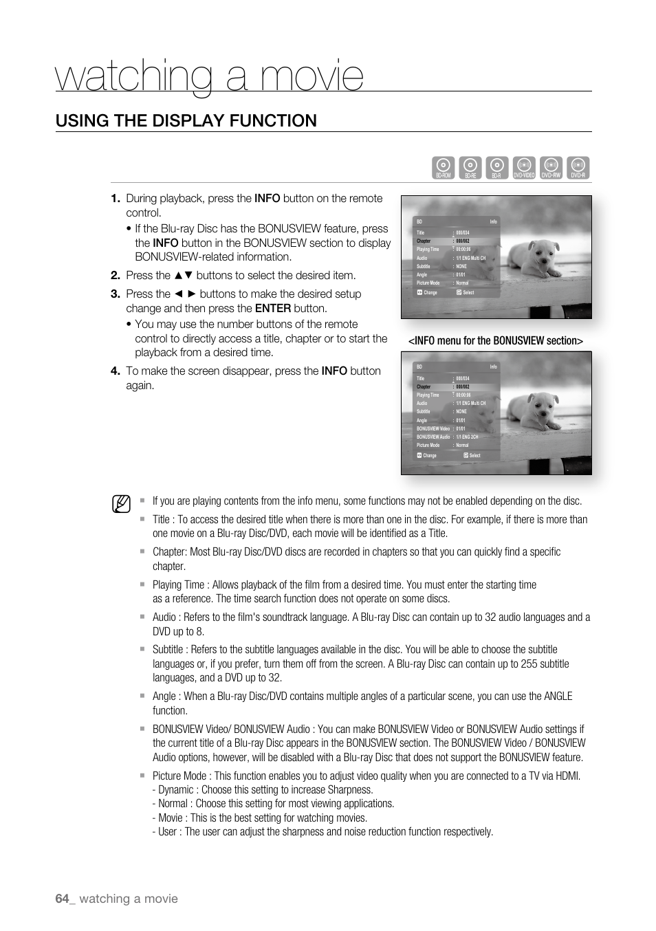 Watching a movie, Using the display function, Hgfzcv | Samsung BD-P4600-XAA User Manual | Page 64 / 103
