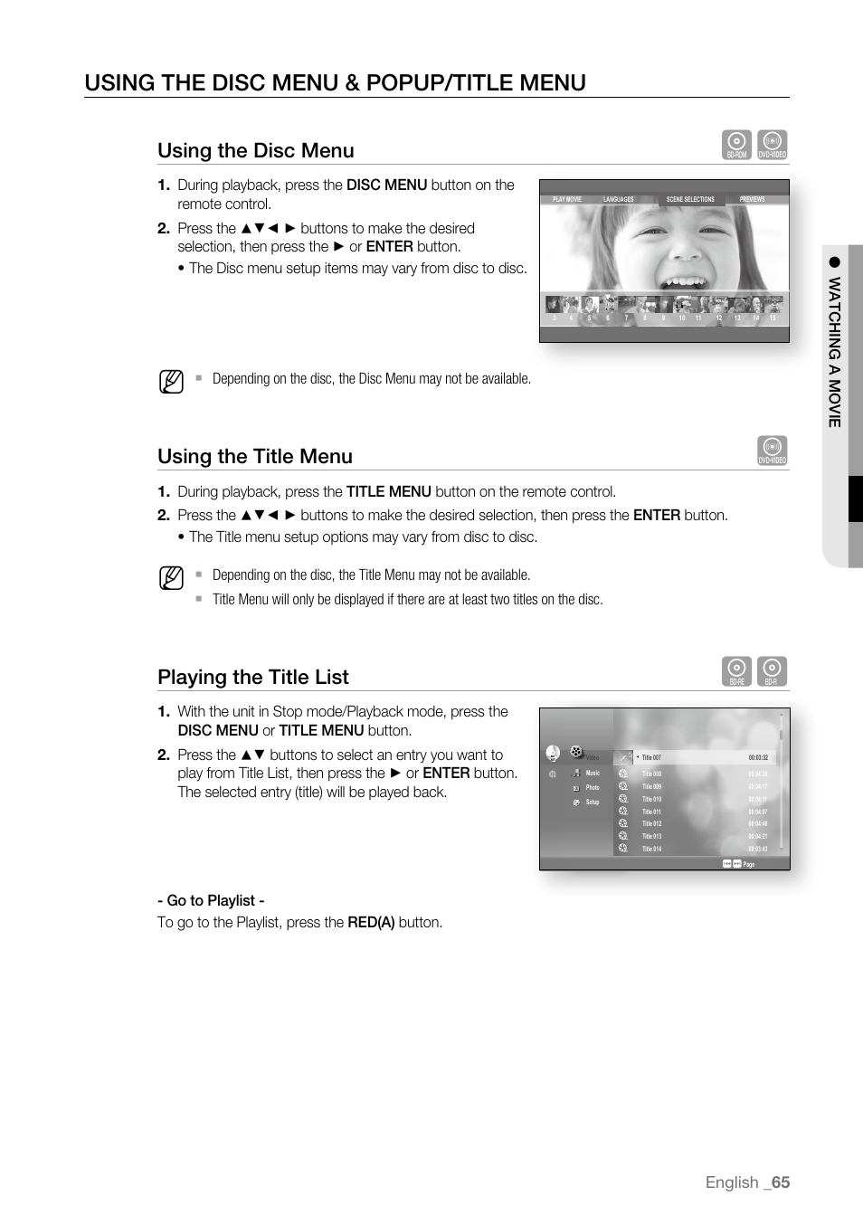 Using the disc menu & popup/title menu, Using the disc menu, Using the title menu | Playing the title list, English | Samsung BD-P4600-XAA User Manual | Page 65 / 103