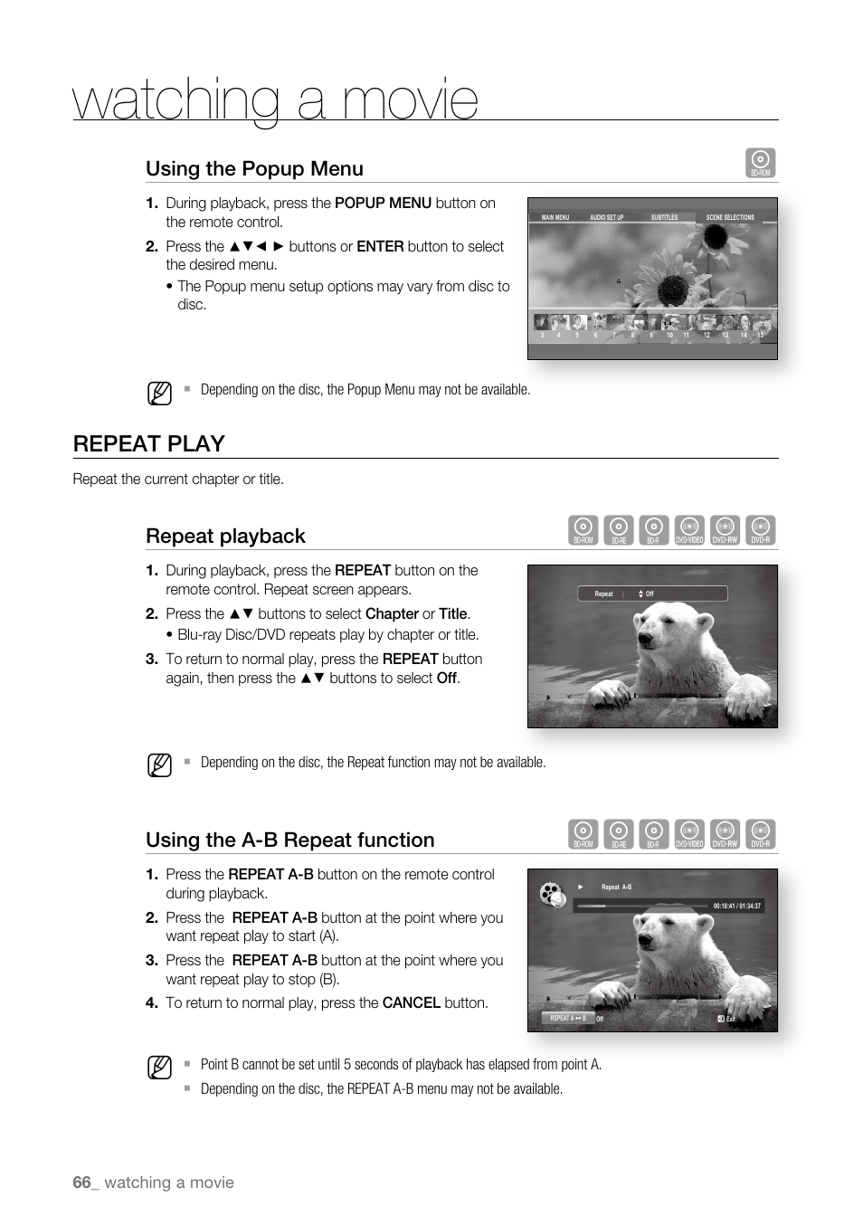 Repeat play, Watching a movie, Hgfzcv | Using the popup menu, Repeat playback, Using the a-b repeat function | Samsung BD-P4600-XAA User Manual | Page 66 / 103