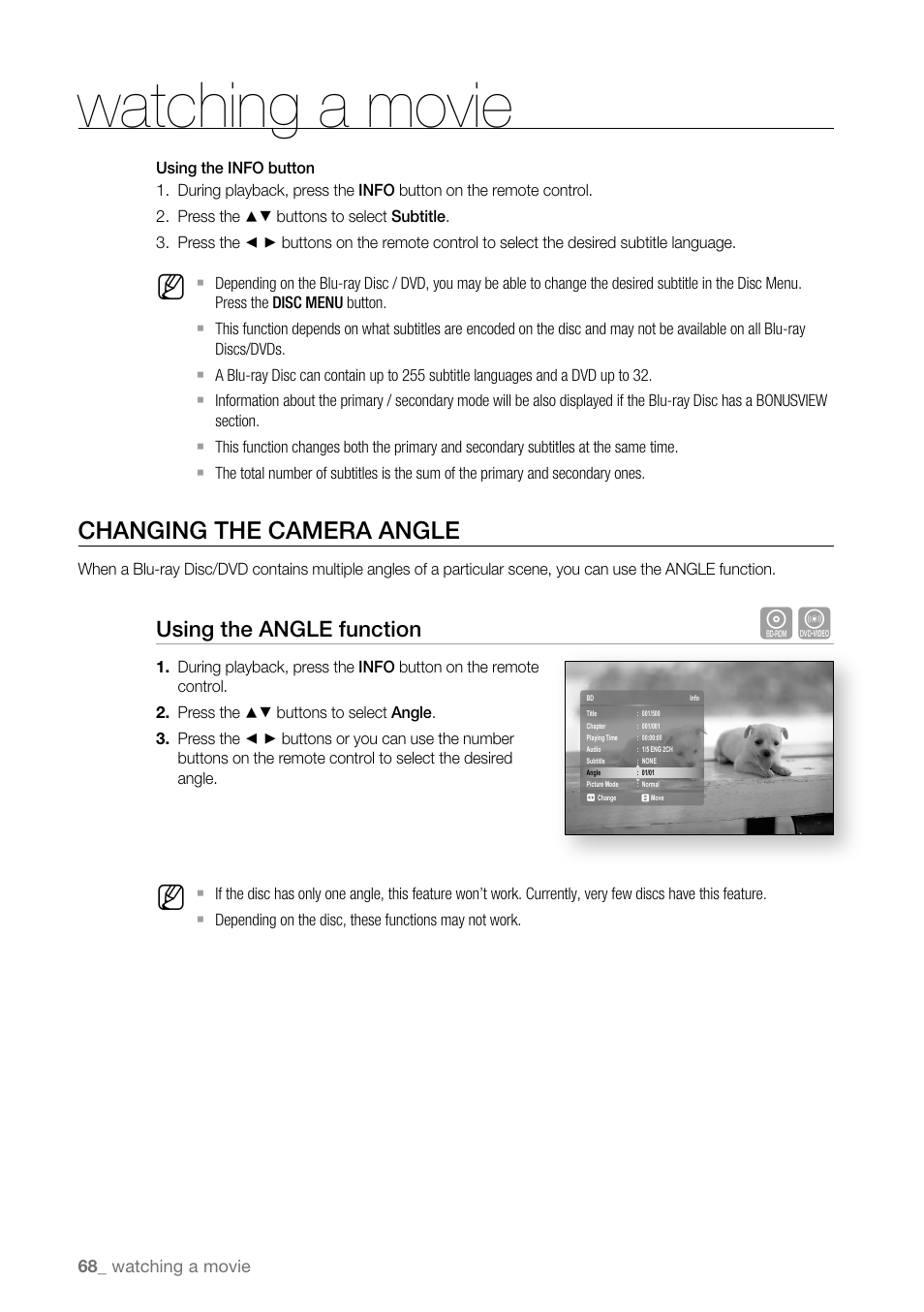 Changing the camera angle, Watching a movie, Using the angle function | Samsung BD-P4600-XAA User Manual | Page 68 / 103