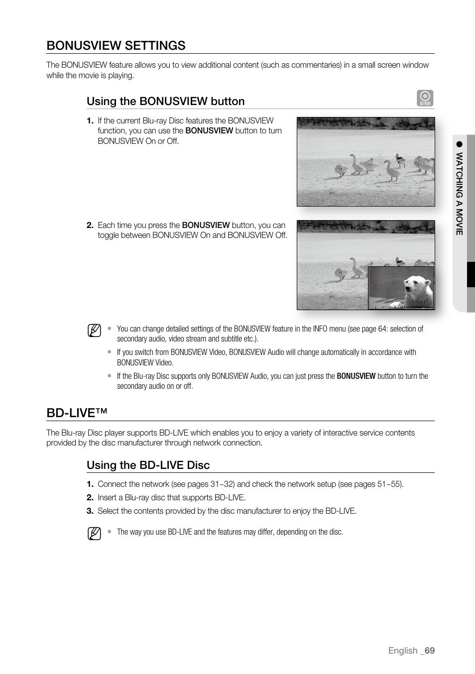 Bonusview settings, Bd-live | Samsung BD-P4600-XAA User Manual | Page 69 / 103