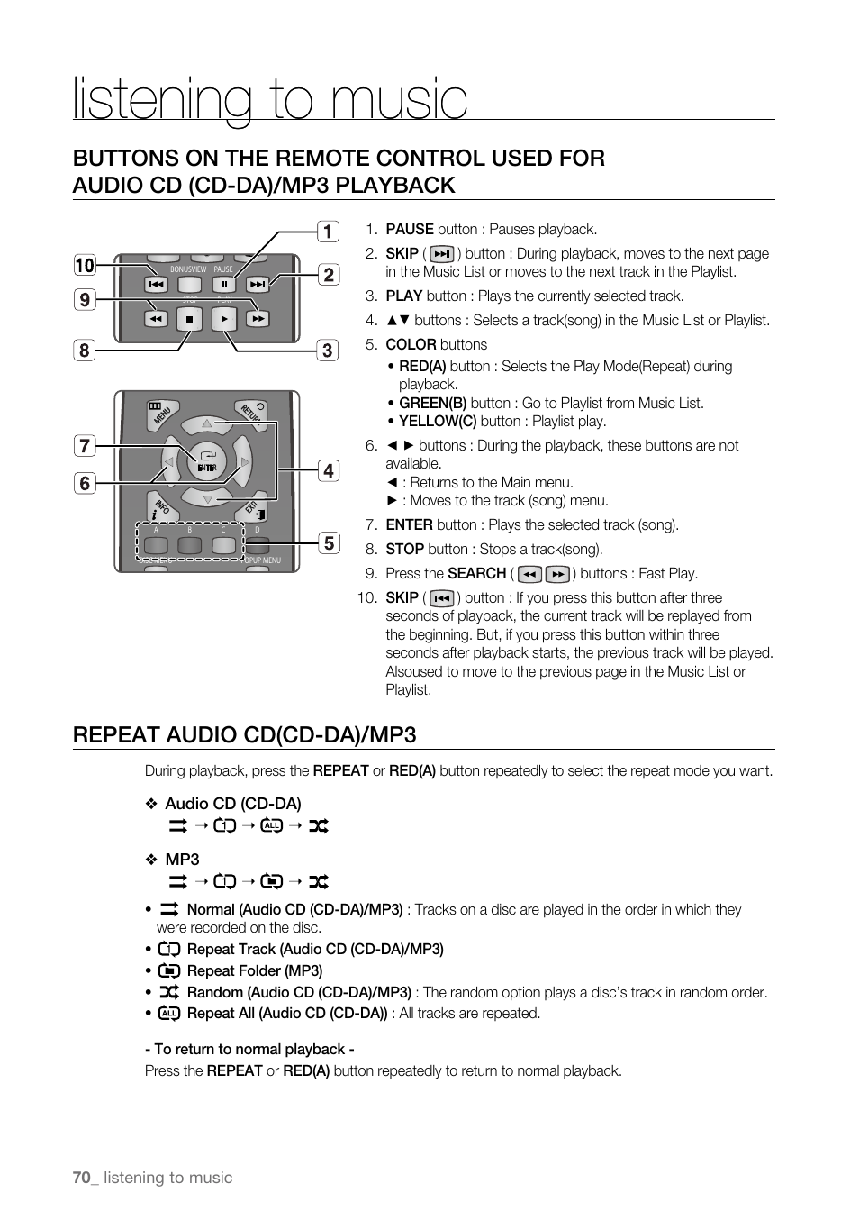 Listening to music, Repeat audio cd(cd-da)/mp3 | Samsung BD-P4600-XAA User Manual | Page 70 / 103