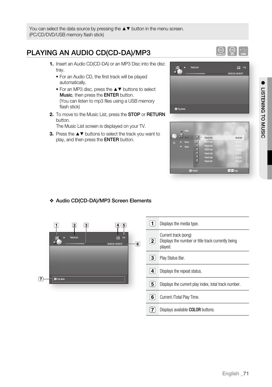 Playing an audio cd(cd-da)/mp3, English _1, Audio cd(cd-da)/mp3 screen elements | Samsung BD-P4600-XAA User Manual | Page 71 / 103