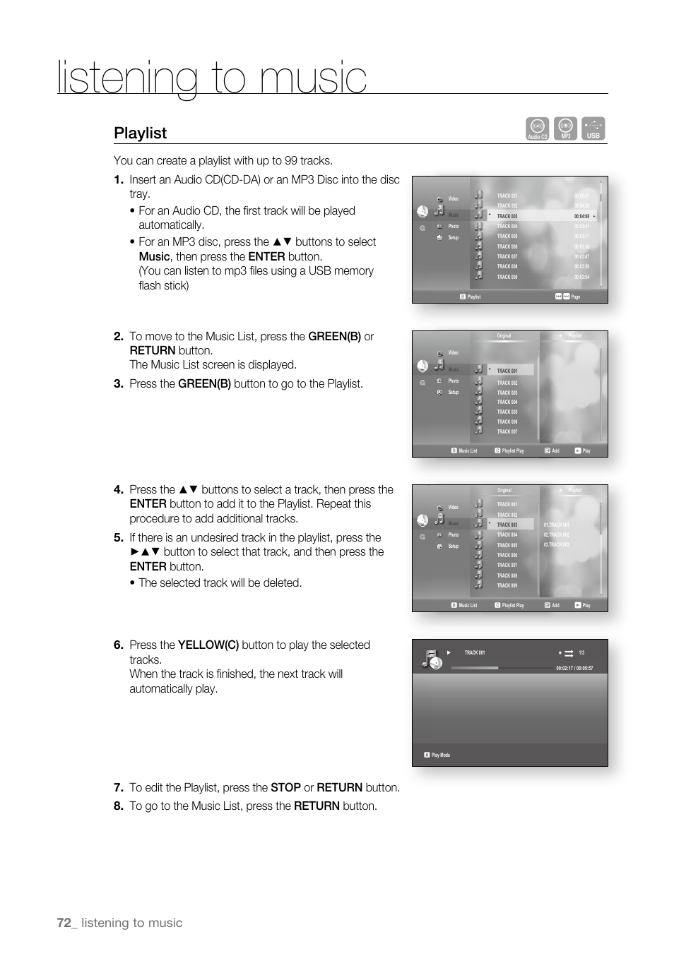 Playlist, Listening to music | Samsung BD-P4600-XAA User Manual | Page 72 / 103
