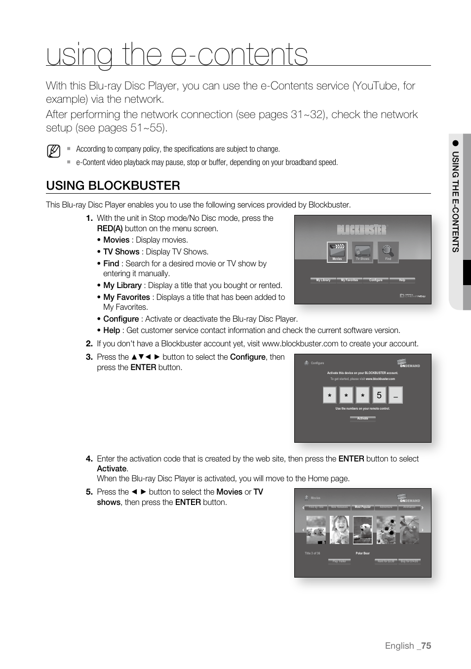 Using the e-contents, Using blockbuster, English | Samsung BD-P4600-XAA User Manual | Page 75 / 103