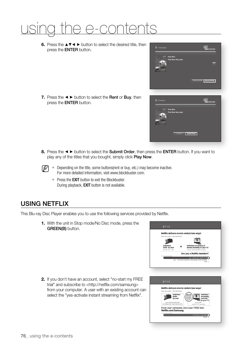 Using netflix, Using the e-contents | Samsung BD-P4600-XAA User Manual | Page 76 / 103