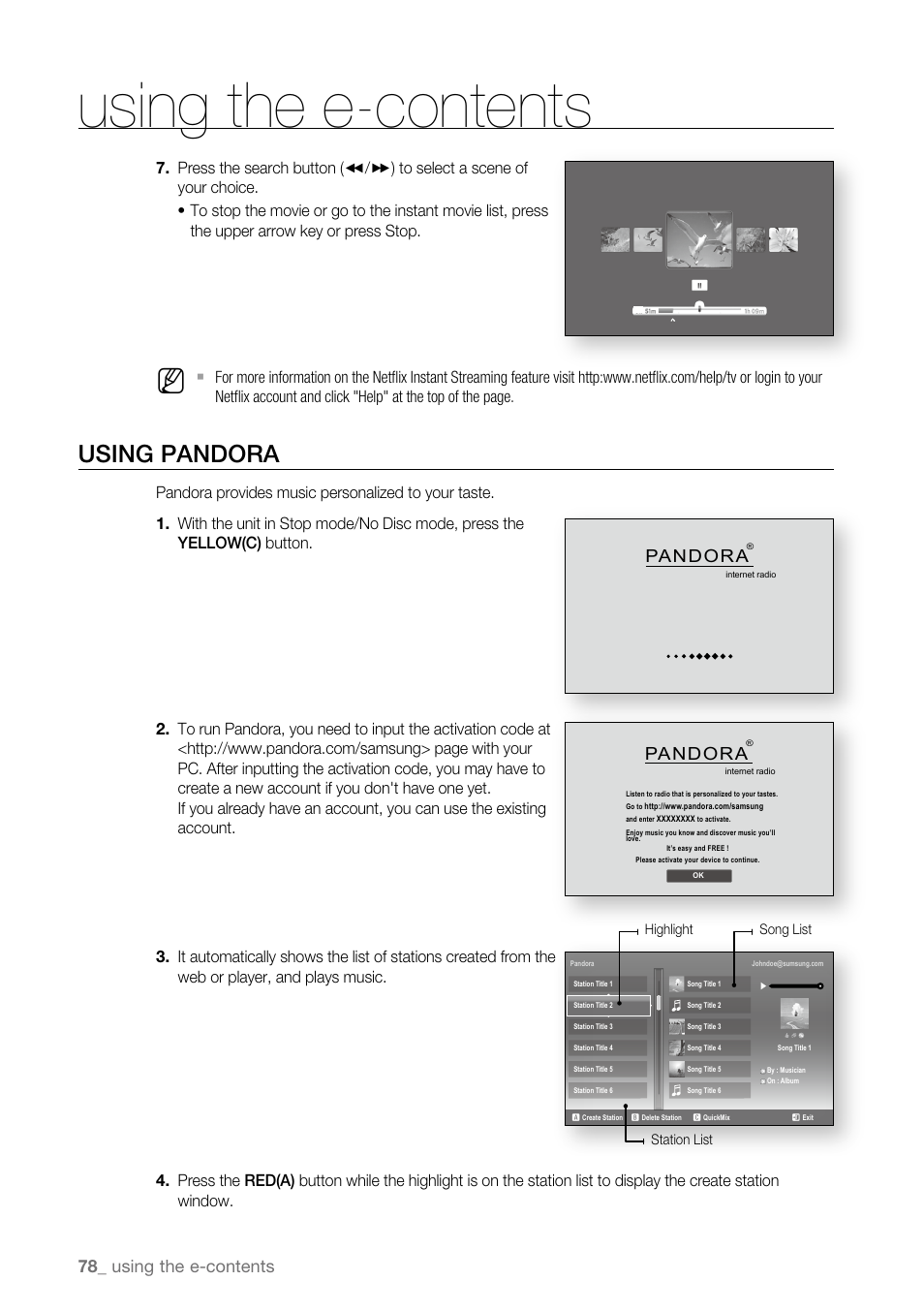 Using pandora, Using the e-contents, Pandora | Samsung BD-P4600-XAA User Manual | Page 78 / 103