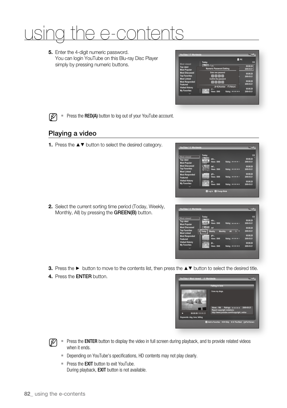Playing a video, Using the e-contents | Samsung BD-P4600-XAA User Manual | Page 82 / 103