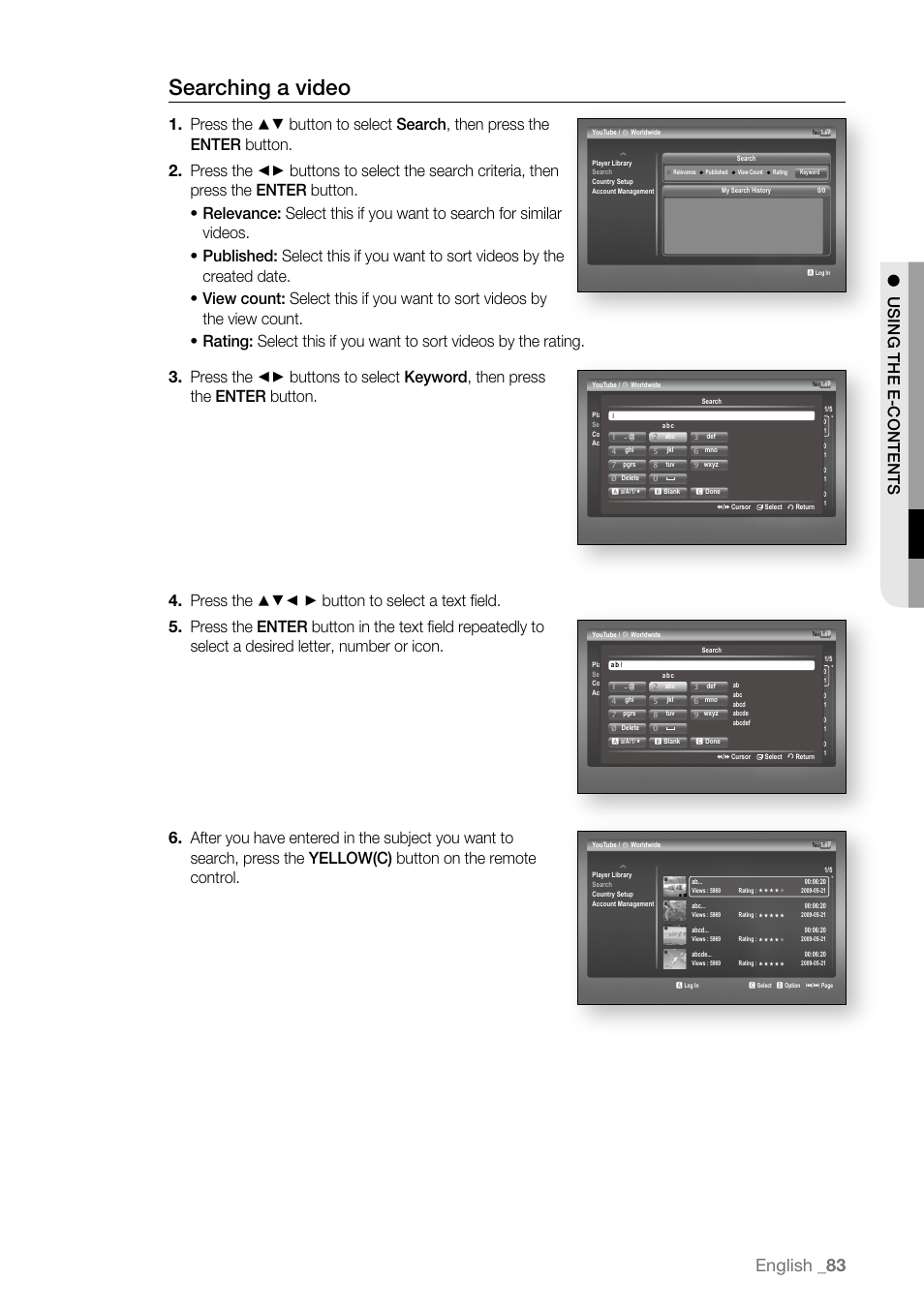 Searching a video, English, U sing th e e-co nt e nts | Samsung BD-P4600-XAA User Manual | Page 83 / 103