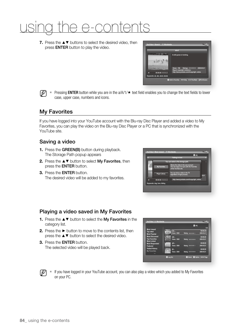 My favorites, Saving a video, Playing a video saved in my favorites | Using the e-contents | Samsung BD-P4600-XAA User Manual | Page 84 / 103