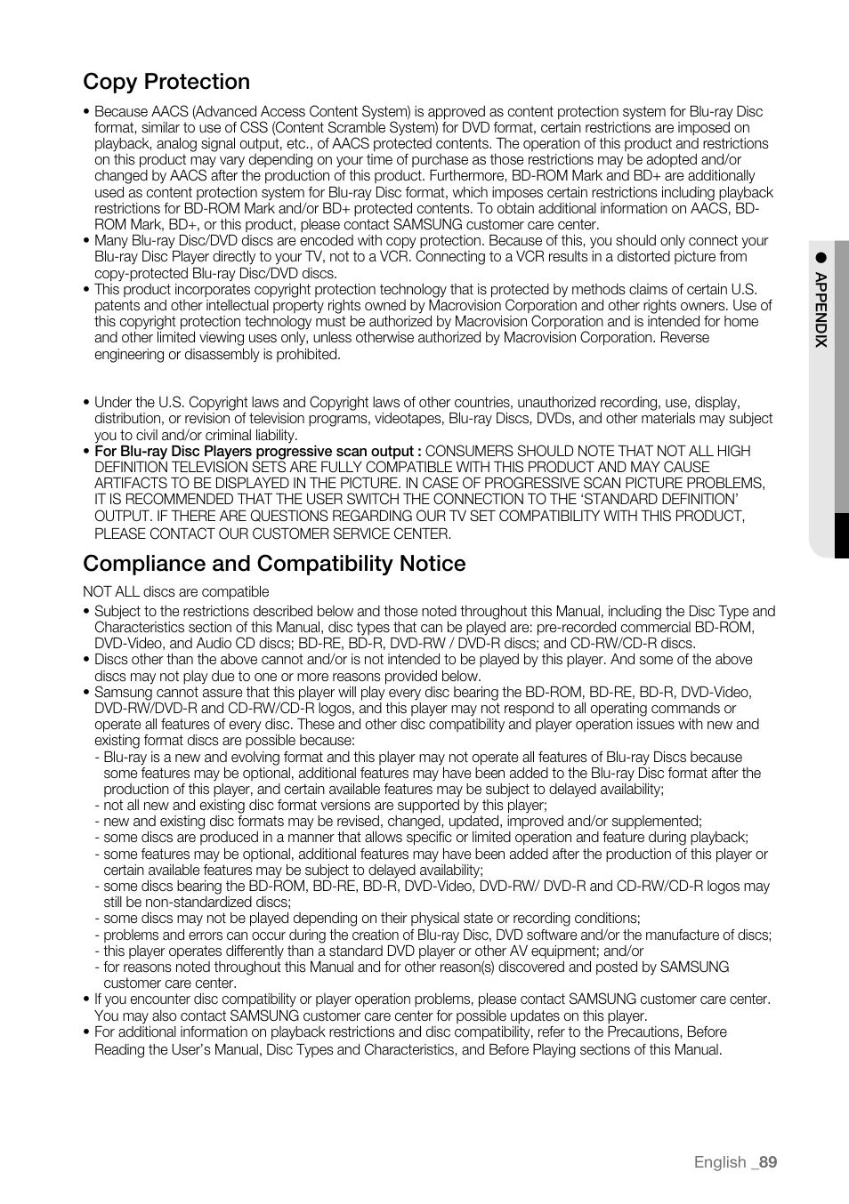 Copy protection, Compliance and compatibility notice | Samsung BD-P4600-XAA User Manual | Page 89 / 103